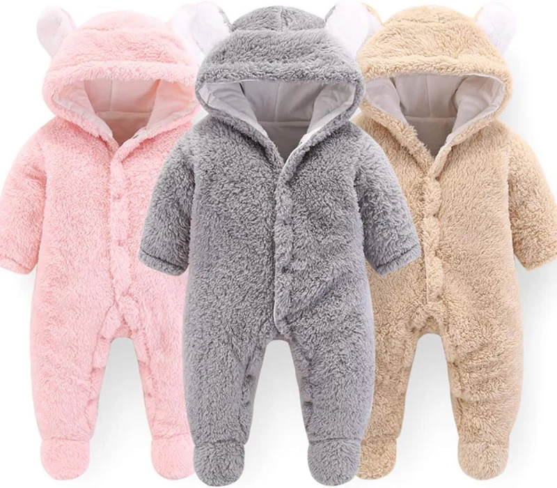 Neugeborene Baby Cartoon Bär Schneeanzug Wintermantel Fleece Kapuze Strampler Jumpsuit Weiss 0-3 Mon