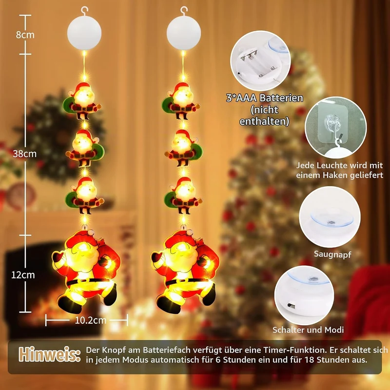 BrizLabs Weihnachtsdeko Fenster Lichter, 2 Stück LED Innen Fensterlichter Batterie Weihnachtsmann Hä