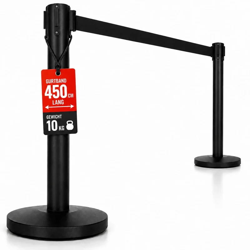 heyChef - 2er-Set | 450cm Gurtband schwarz extra-lang, Absperrpfosten Edelstahl pulverbeschichtet sc