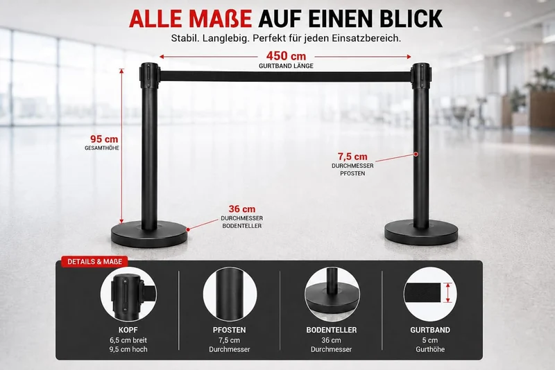 heyChef - 2er-Set | 450cm Gurtband schwarz extra-lang, Absperrpfosten Edelstahl pulverbeschichtet sc