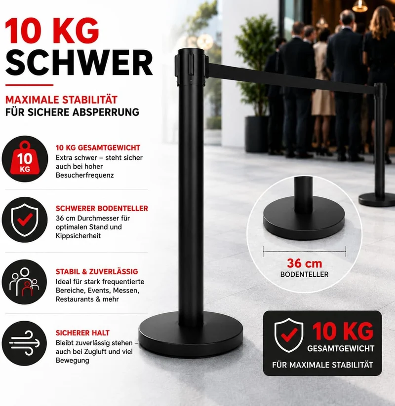 heyChef - 2er-Set | 450cm Gurtband schwarz extra-lang, Absperrpfosten Edelstahl pulverbeschichtet sc
