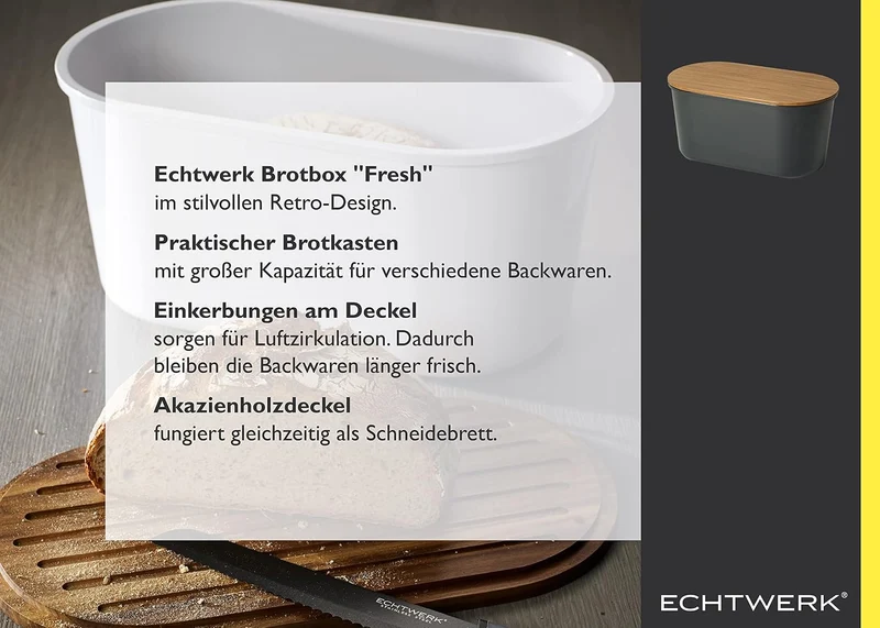 ECHTWERK Brotkasten “FRESH“, Brotbox, Brotaufbewahrung, Platzsparende Aufbewahrungsbox, Brotkorb mit