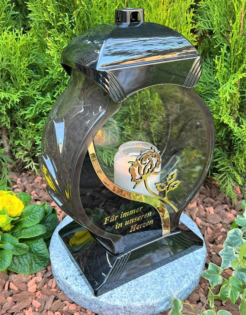 Grablampe Laterne mit Spruch Gold - Für Immer in unseren Herzen -, 34 cm H. - Grablampe Kerze Grabke