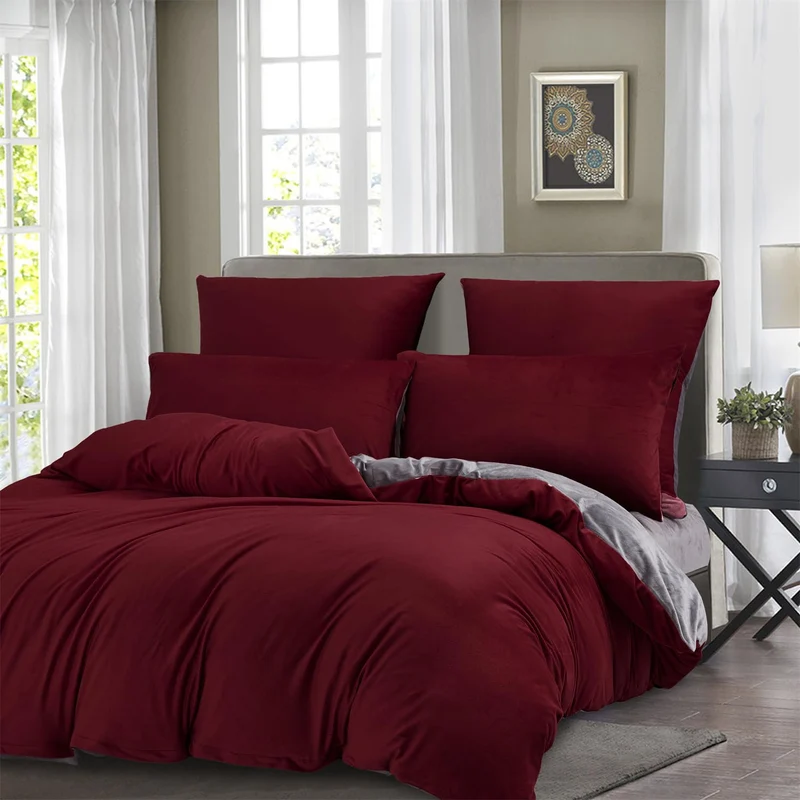 Boqingzhu Biber Bettwäsche 135x200cm Plüsch Rot Weinrot Grau Flanell Winter Warm Kuschelig Flauschig