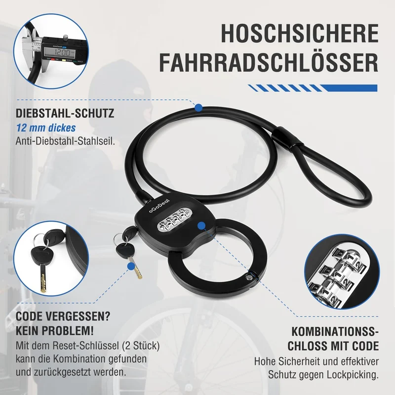 E Scooter Schloss, oGoDeal Fahrradschloss Zahlenschloss 1.2 m, Kabelschloss mit Sicherheitsstufe Seh