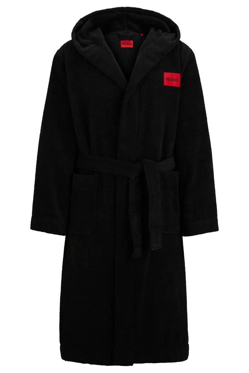 HUGO Herren Terry Gown Hooded Morgenmantel aus Baumwoll-Terry mit Kapuze und rotem Logo-Etikett M Bl