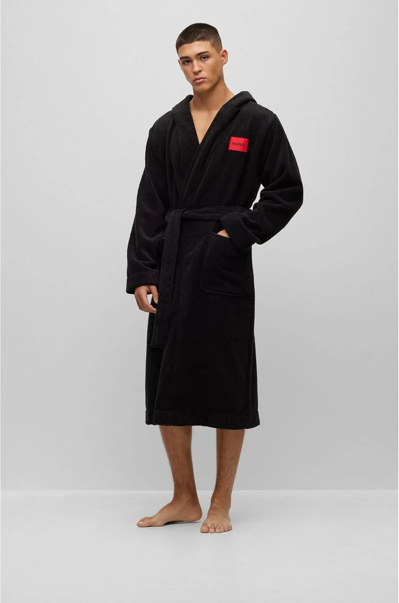 HUGO Herren Terry Gown Hooded Morgenmantel aus Baumwoll-Terry mit Kapuze und rotem Logo-Etikett M Bl