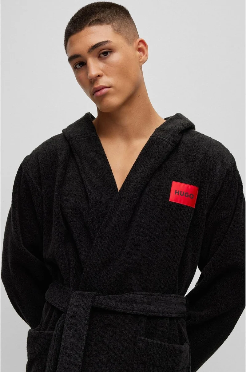 HUGO Herren Terry Gown Hooded Morgenmantel aus Baumwoll-Terry mit Kapuze und rotem Logo-Etikett M Bl