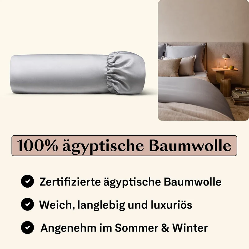 Amqua Mako Satin Kissenbezug (1x) aus ägyptischer Baumwolle 40x60 cm, hellgrau (1x) 40x60cm Grau/ He