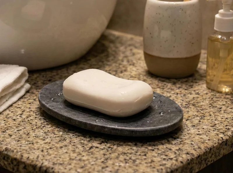 KLEO - Seifenschale aus schwarzem Naturstein, Badzubehör für Badewanne, Wanne oder Waschbecken in ov