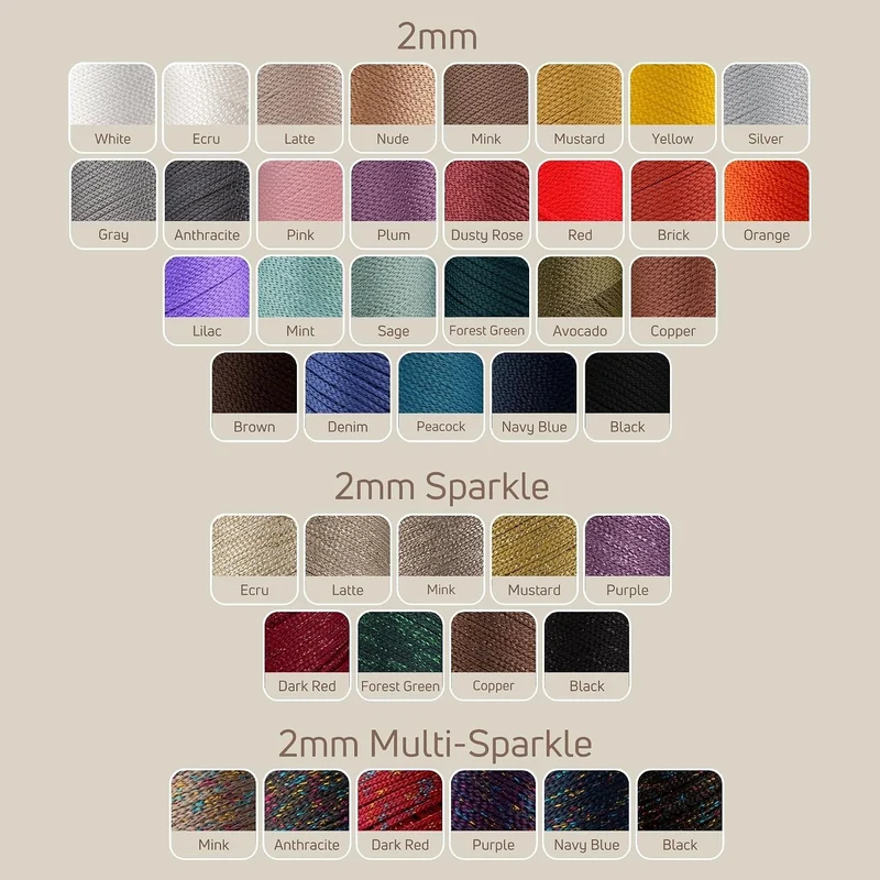 2 Garnstrange Sensy Premium 2 mm 230 Meter Glitzer Polyester-Seil, 90% Polypropylen, 10% Polyestersc