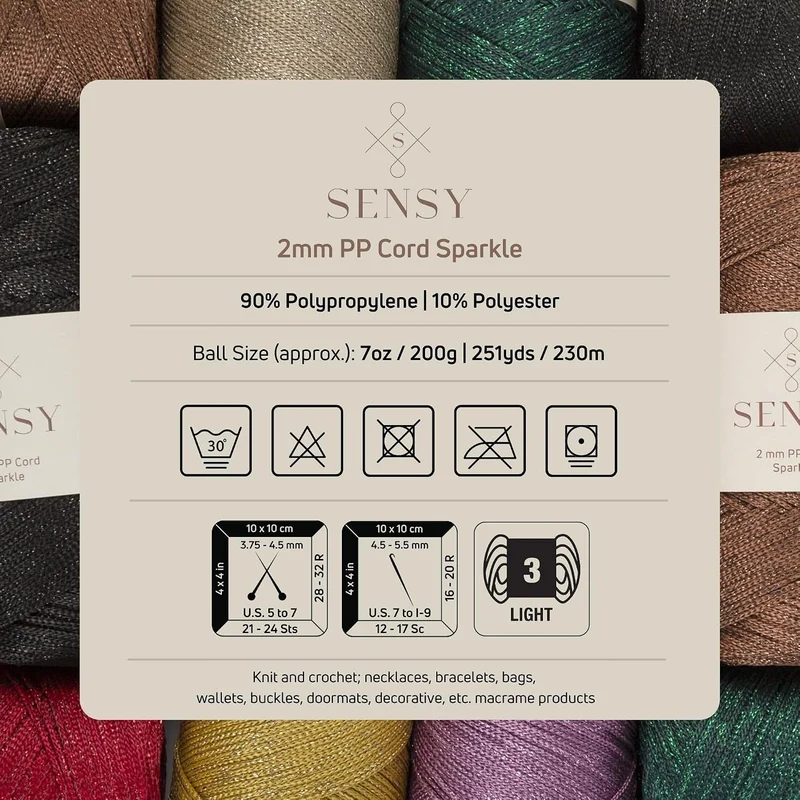 2 Garnstrange Sensy Premium 2 mm 230 Meter Glitzer Polyester-Seil, 90% Polypropylen, 10% Polyestersc