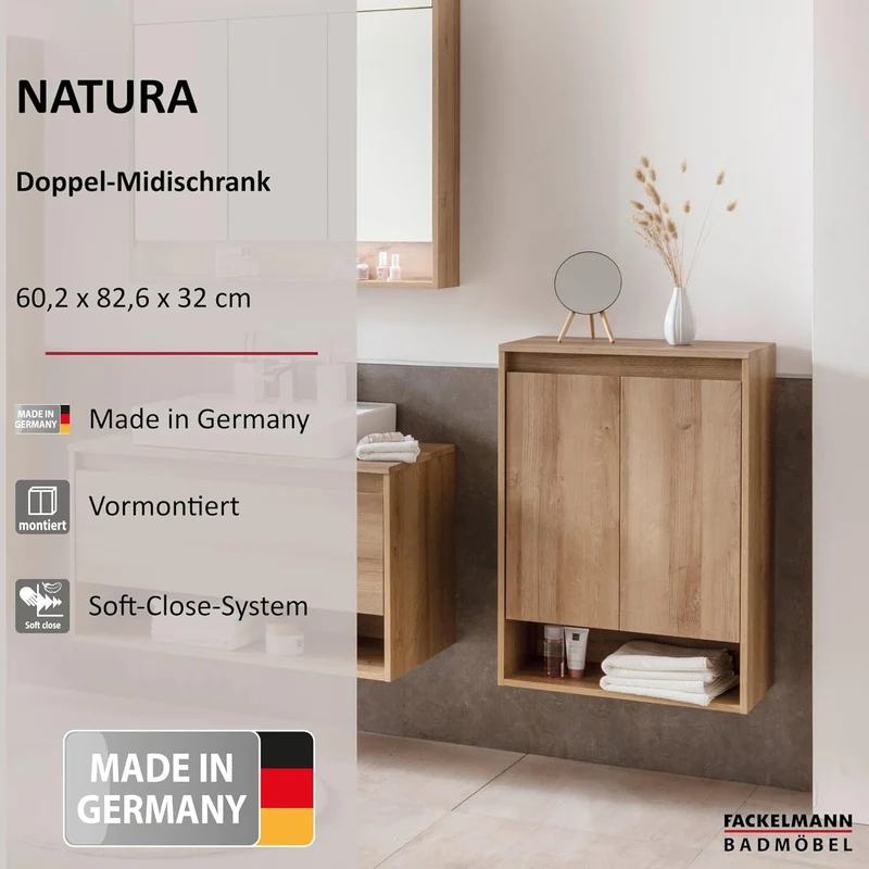 FACKELMANN Doppel-Midischrank Natura/Badschrank mit Soft-Close/Masse (B x H x T): ca. 60,2 x 82,6 x