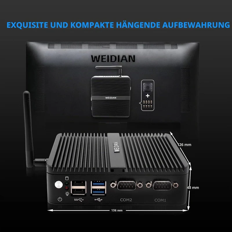 WEIDIAN Lüfterloser Mini PC Windows 10 Pro Quad Core Celeron J4125, 8GB DDR4 RAM 128G SSD, 4K HDMI/V