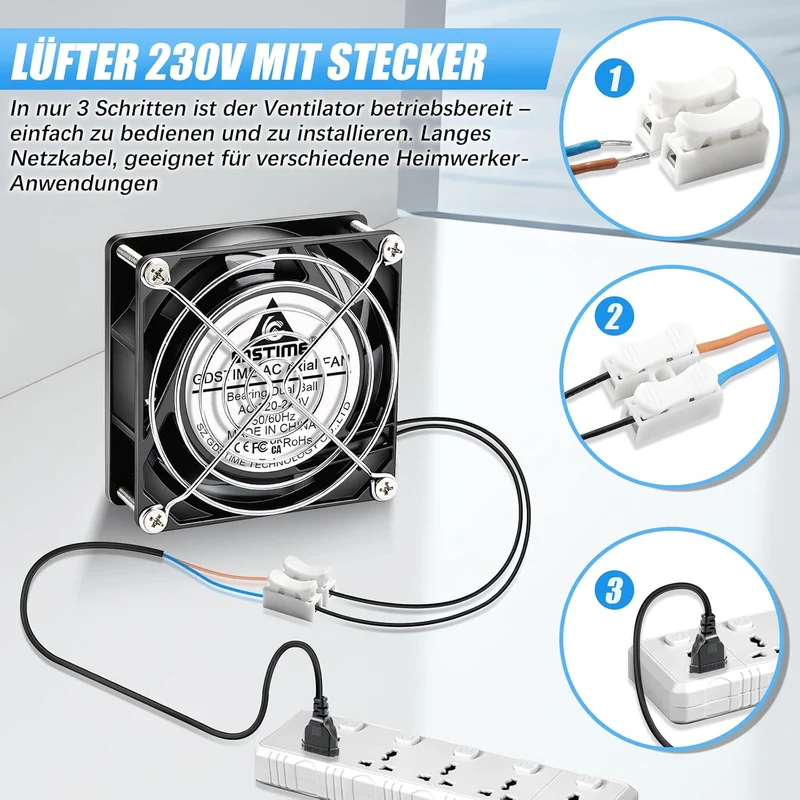GDSTIME 80mm Lüfter 80 x 25mm 230V Lüfter Dual Kugellager 240V 80mm Lüfter AC 220V Kühlung Lüfter 80