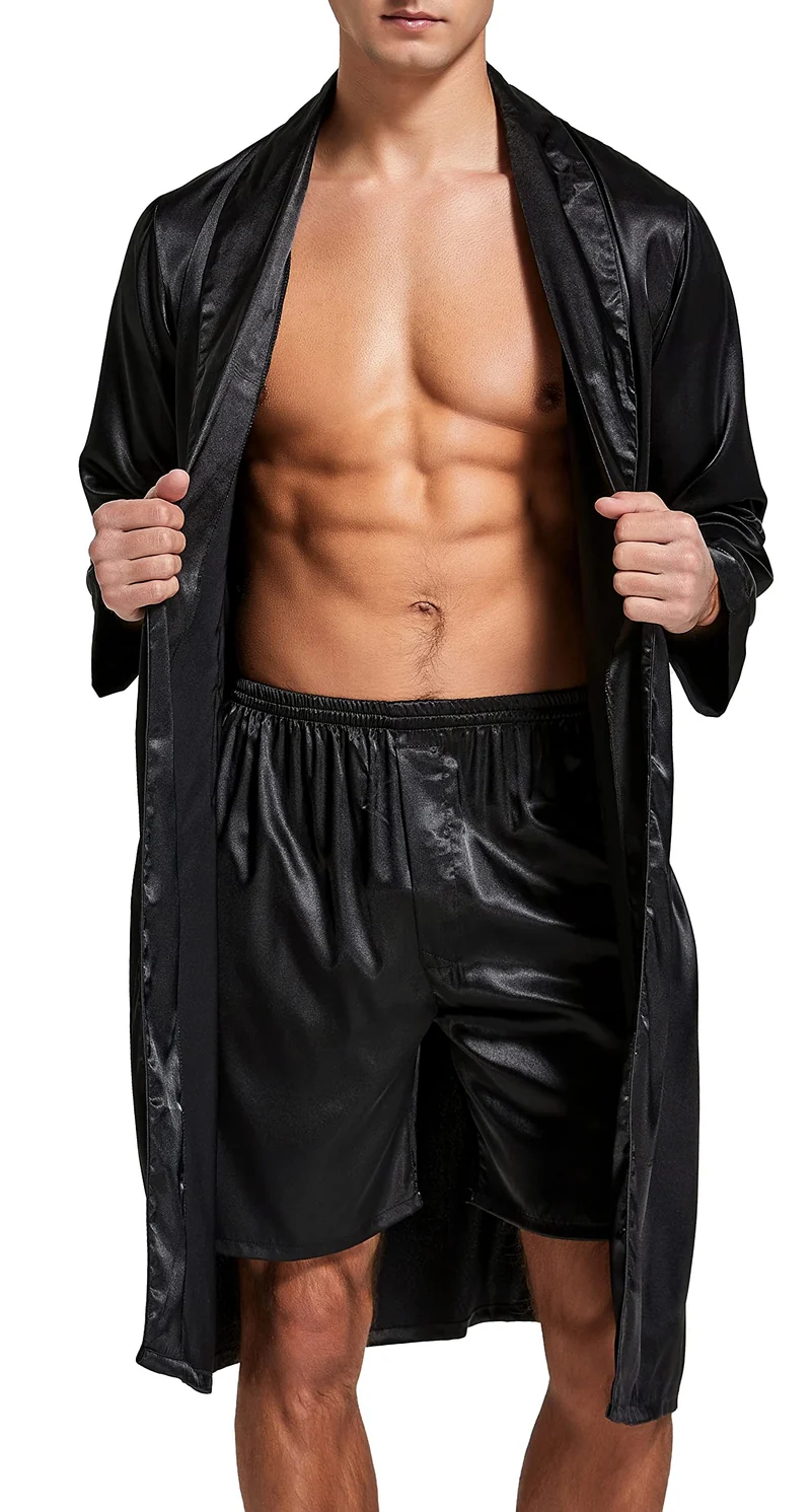 Herren Satin Bademantel, Leichter Seiden Langarm Bademantel mit Shorts Set, Spa Kimono Nachtwäsche L