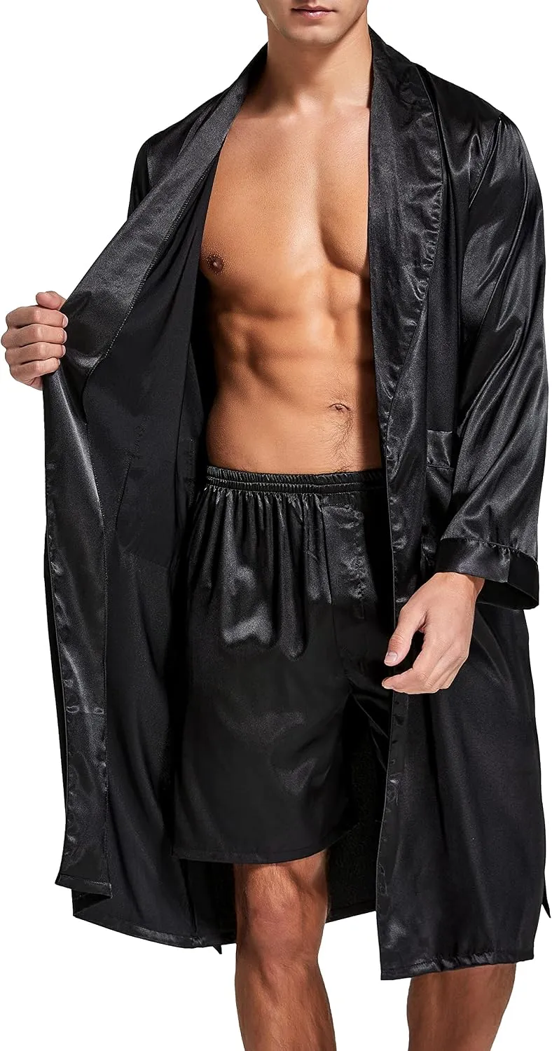 Herren Satin Bademantel, Leichter Seiden Langarm Bademantel mit Shorts Set, Spa Kimono Nachtwäsche L