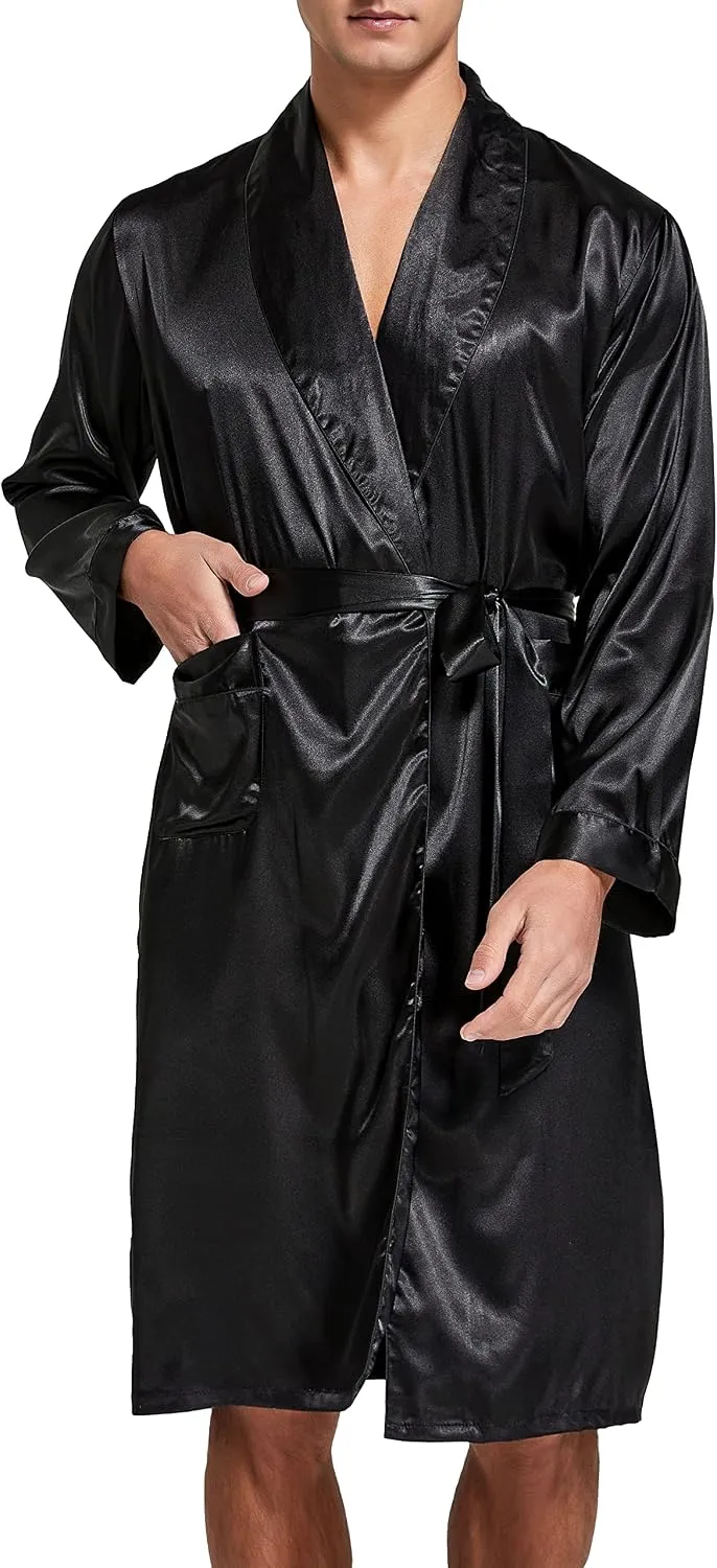 Herren Satin Bademantel, Leichter Seiden Langarm Bademantel mit Shorts Set, Spa Kimono Nachtwäsche L