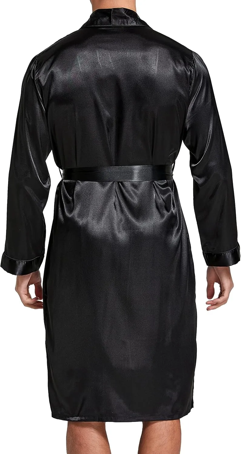 Herren Satin Bademantel, Leichter Seiden Langarm Bademantel mit Shorts Set, Spa Kimono Nachtwäsche L