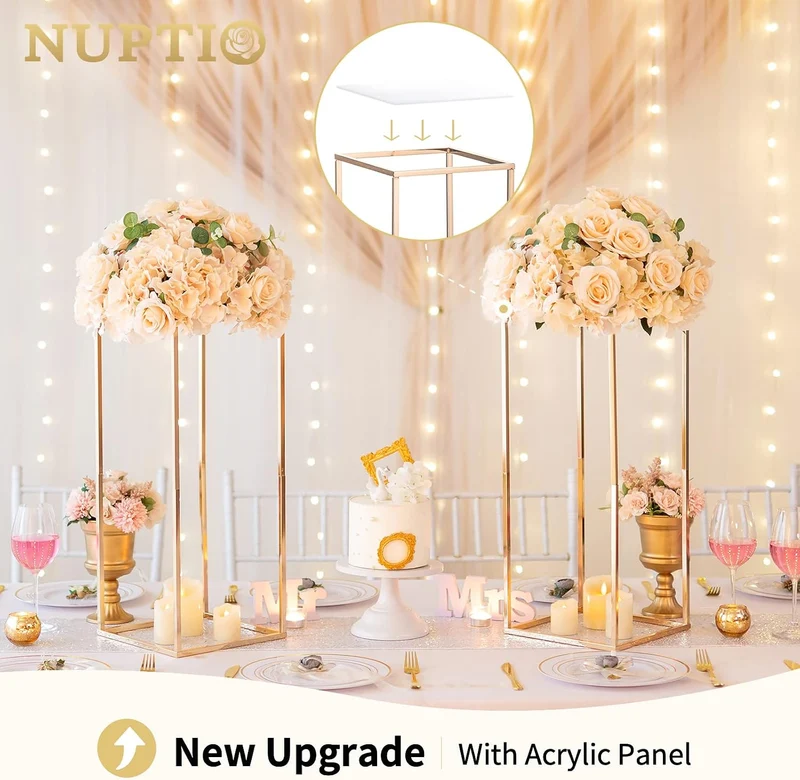 Nuptio Gold Vase für Hochzeit Tafelaufsätze mit Acrylplatte - 10 Stück 60cm Hohe Metall Blumenvasen
