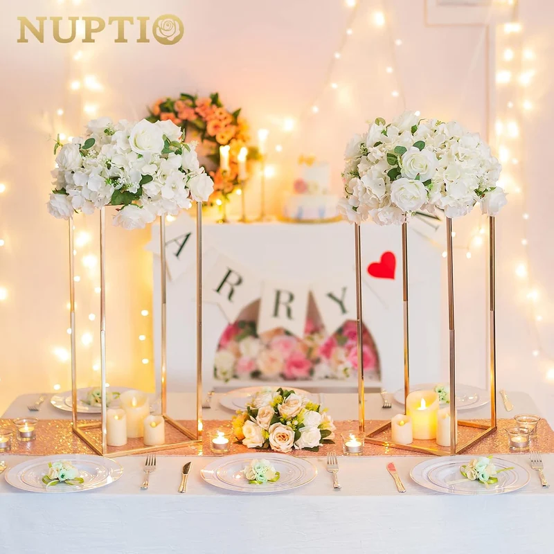 Nuptio Gold Vase für Hochzeit Tafelaufsätze mit Acrylplatte - 10 Stück 60cm Hohe Metall Blumenvasen