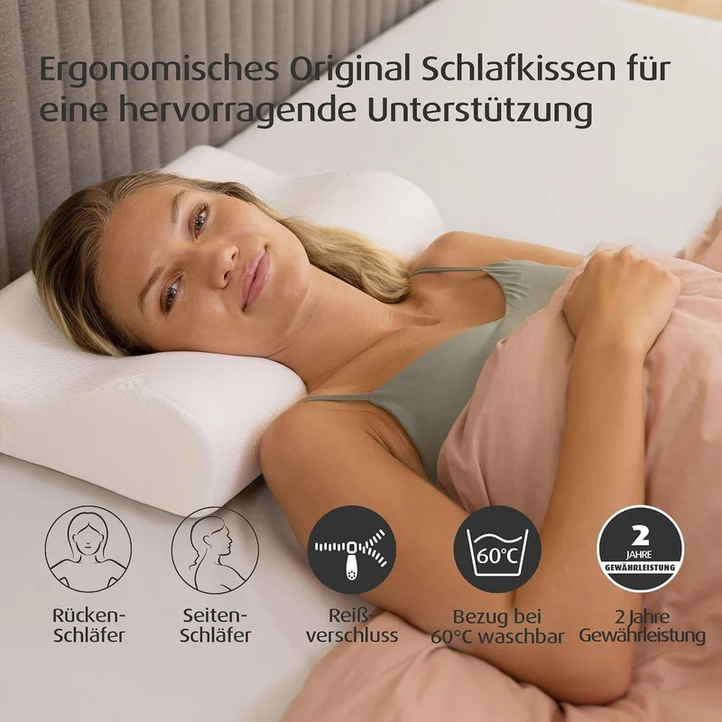 TEMPUR Kissen Set mit Füllung und Bezug, Original Kopfkissen Grösse L mit Jersey-Kissenbezug (beige)