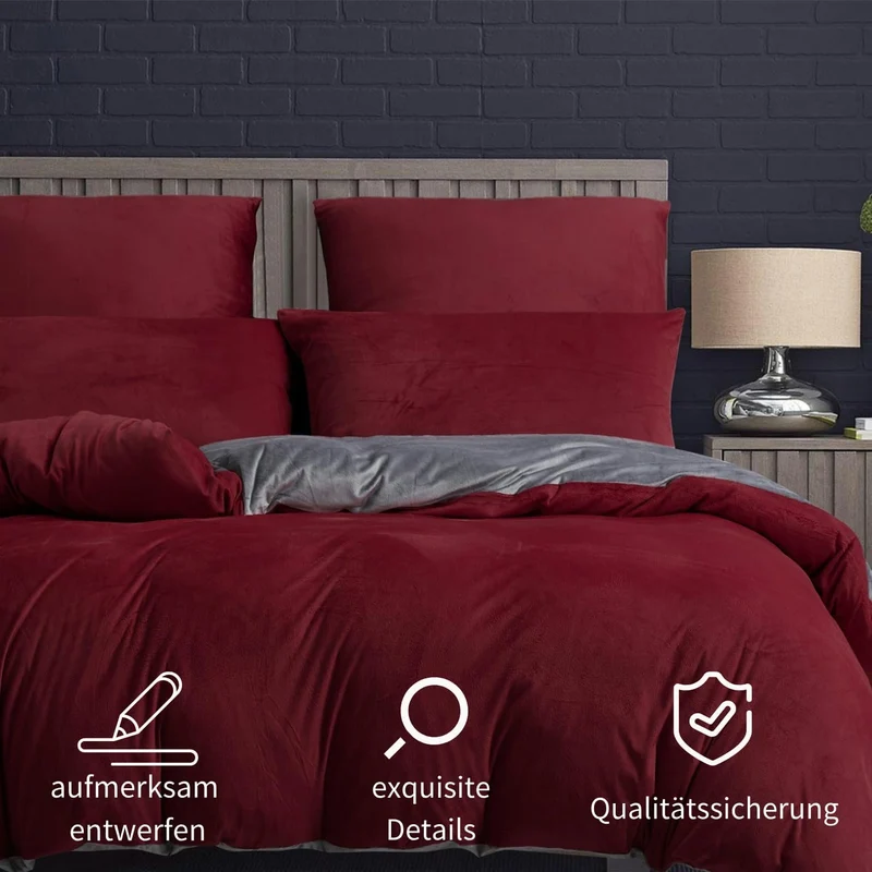 Boqingzhu Biber Bettwäsche 200×200cm Plüsch Rot Weinrot Grau Flanell Winter Warm Kuschelig Flauschig