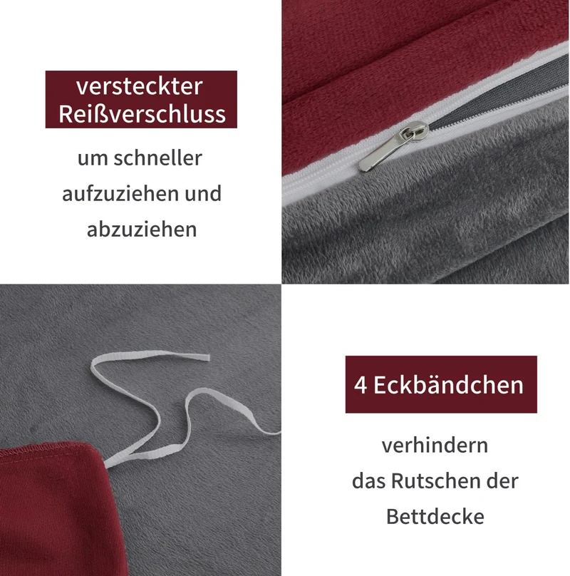 Boqingzhu Biber Bettwäsche 200×200cm Plüsch Rot Weinrot Grau Flanell Winter Warm Kuschelig Flauschig