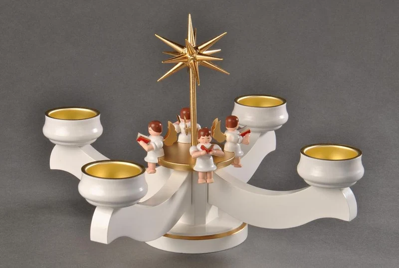 Albin Preissler - Seiffener Kunsthandwerk - Adventsleuchter, weiss - 4 sitzende Engel
