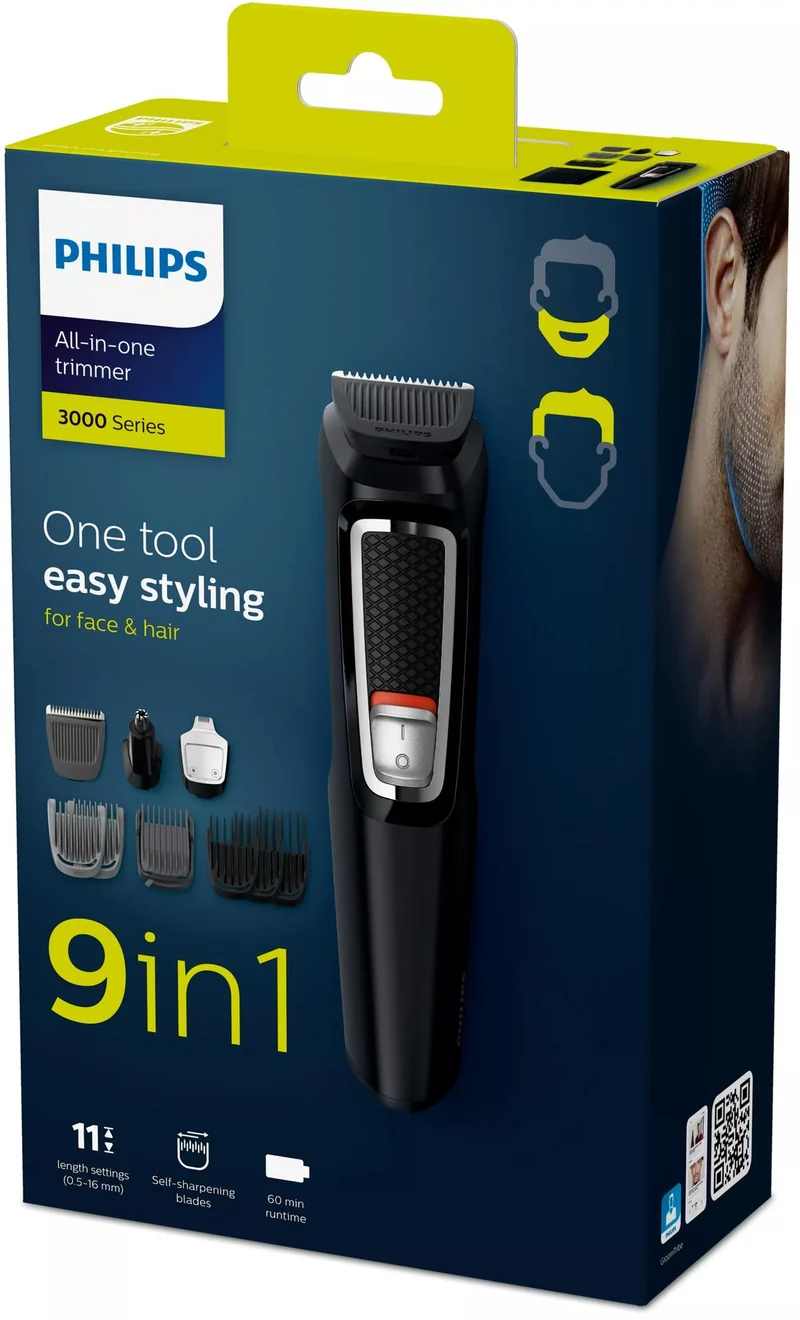 Philips MULTIGROOM Series 3000 MG3740/15 9-in-1 - für Gesicht und Haare - Schwarz - Rechteck - Bart - Ohr - Augenbraue - Schnurrbart - Nase - Edelstahl - Akku - 60 min