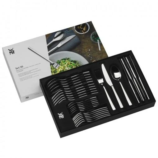 WMF Boston Edelstahl Besteck Set 6 Personen, Essbesteck Set 30 teilig, Monobloc-Messer mit Wellenschliff, Cromargan Edelstahl poliert, spülmaschinenfest
