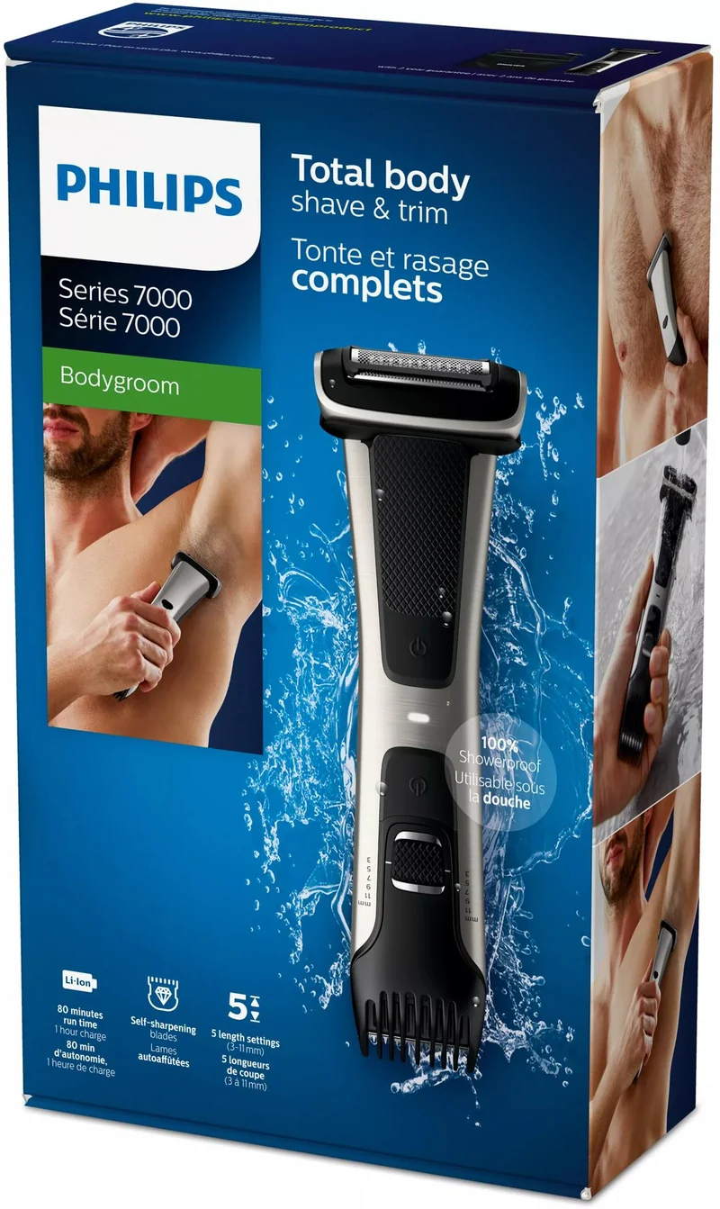 Philips 7000 series Bodygroom Series 7000 BG7025/15 Wasserfester Trimmer für Körper und Intimbereich - Nass & Trocken - Selbstschärfende Rollen - Keine Wartung – muss nicht geölt werden - Wechselstrom/Batterie - Schwarz