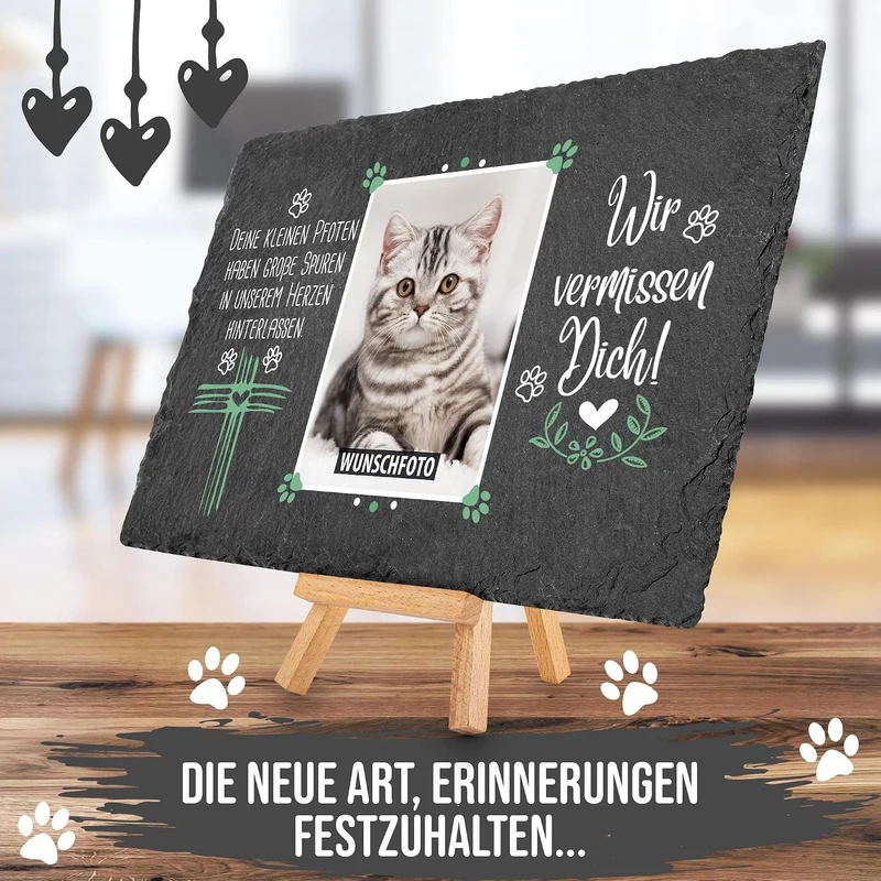 Tier-Schieferplatte Gedenktafel für Tiere - mit Foto bedrucken - Wir vermissen dich - Haustiere Grab