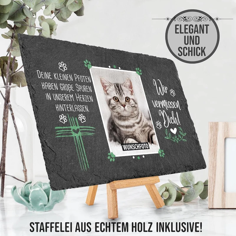 Tier-Schieferplatte Gedenktafel für Tiere - mit Foto bedrucken - Wir vermissen dich - Haustiere Grab