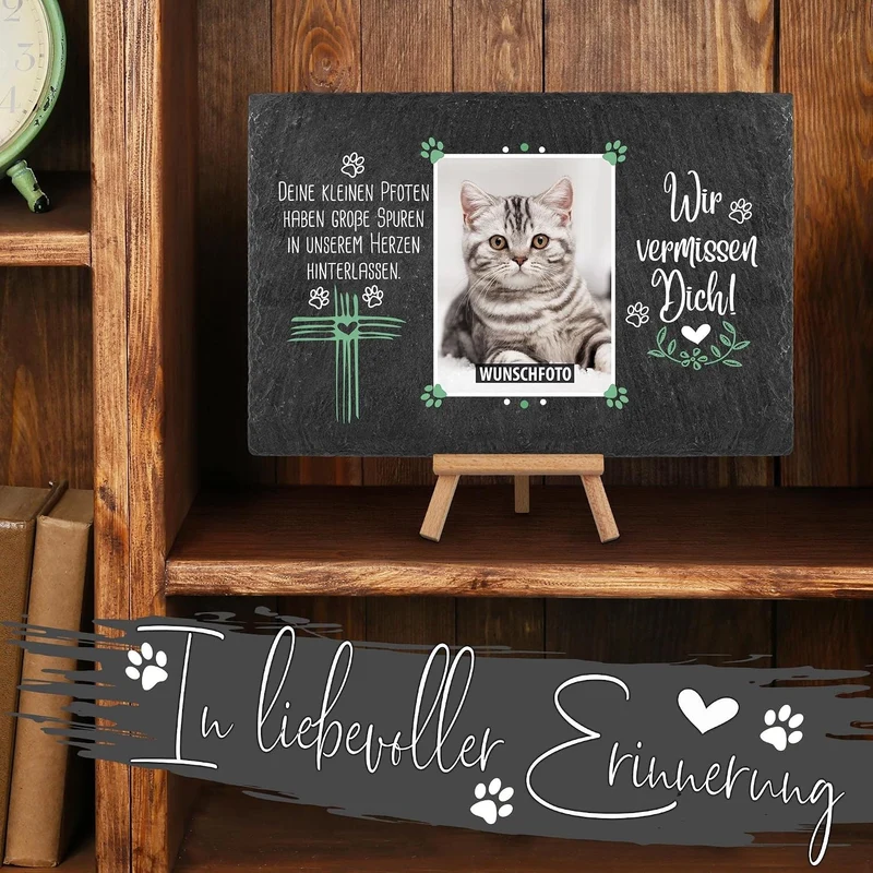 Tier-Schieferplatte Gedenktafel für Tiere - mit Foto bedrucken - Wir vermissen dich - Haustiere Grab