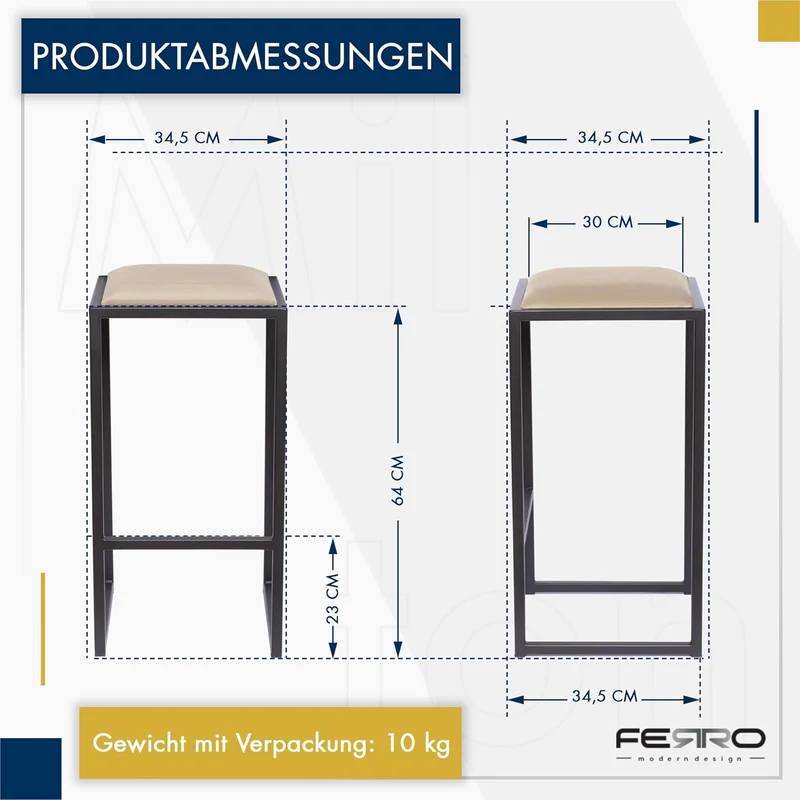 FERRO modern design Barhocker Schwarz ohne Lehne 64 cm - Metal Barstuhl mit Gepolstertem Sitz - Loft