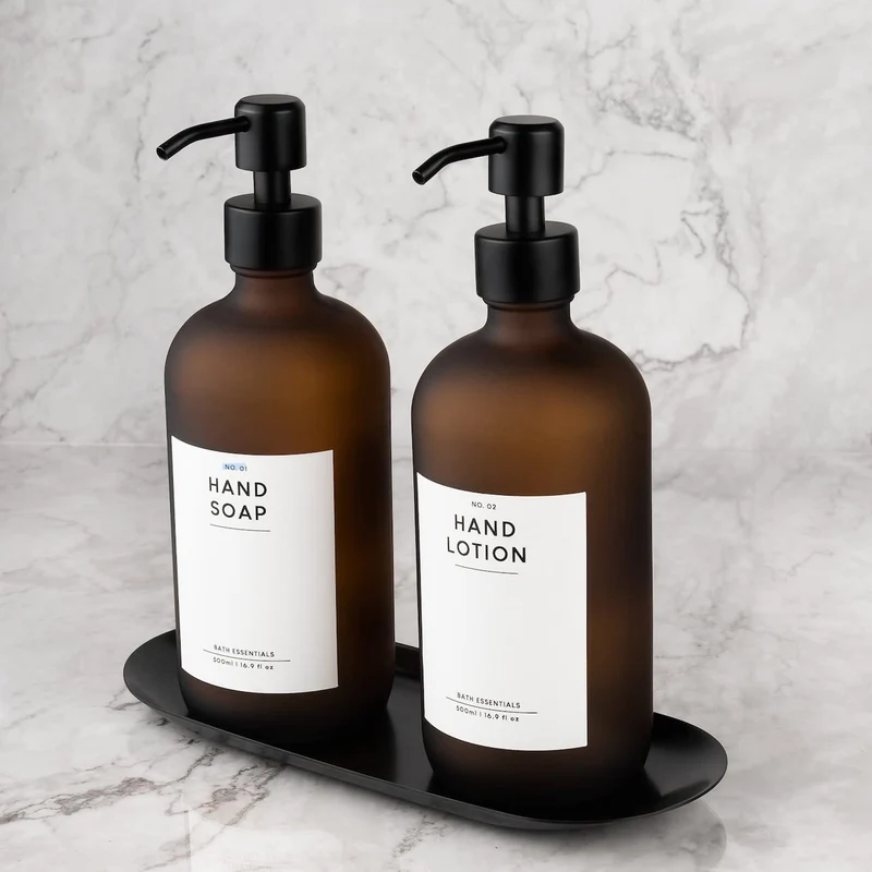 MONOKO 2er Set Seifenspender Braun Matt aus Glas mit Tablett | 500ml Spülmittelspender Küche | Flasc