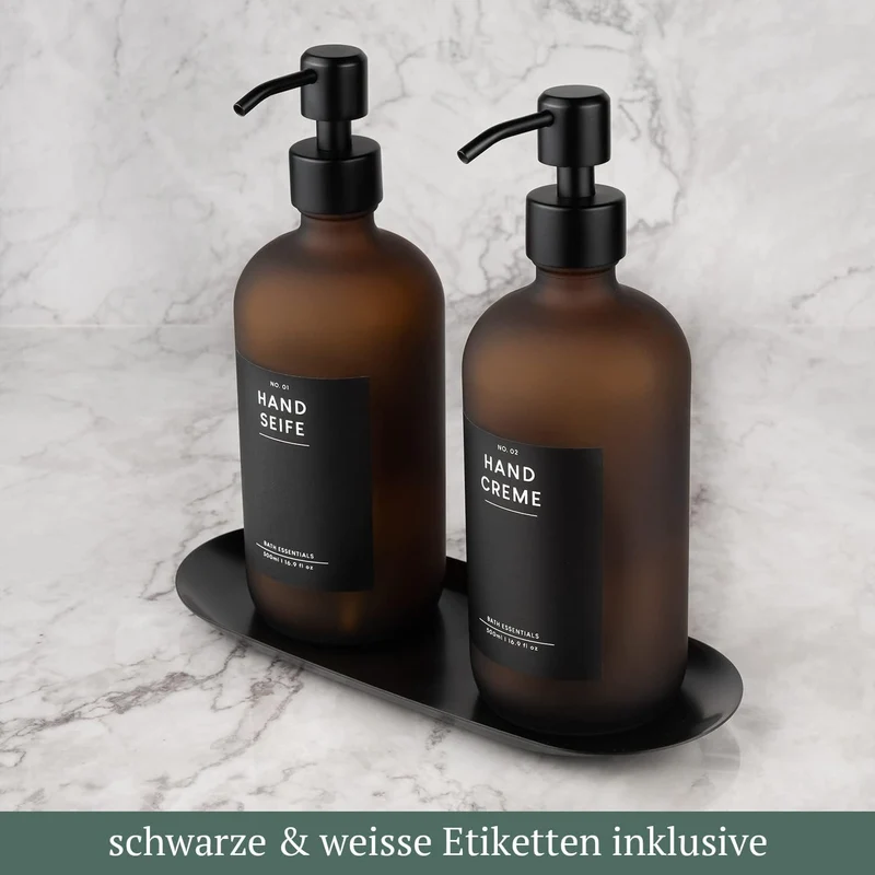 MONOKO 2er Set Seifenspender Braun Matt aus Glas mit Tablett | 500ml Spülmittelspender Küche | Flasc
