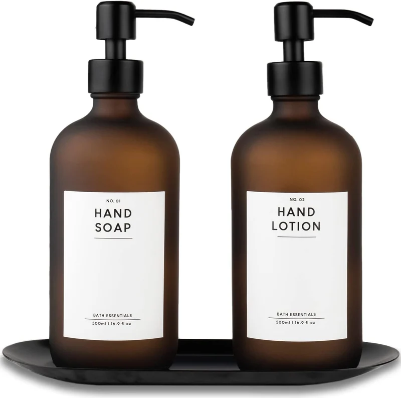 MONOKO 2er Set Seifenspender Braun Matt aus Glas mit Tablett | 500ml Spülmittelspender Küche | Flasc