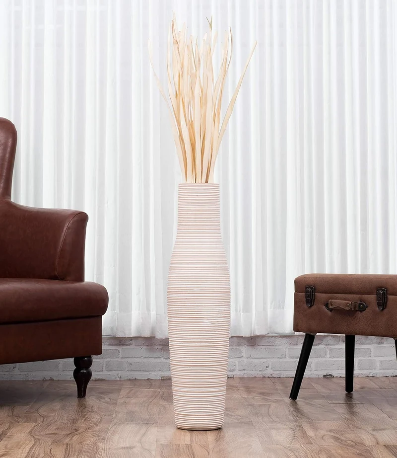 Leewadee Grosse Bodenvase für Dekozweige hohe Standvase Design Holzvase, Holz, 70 cm, White Wash 70
