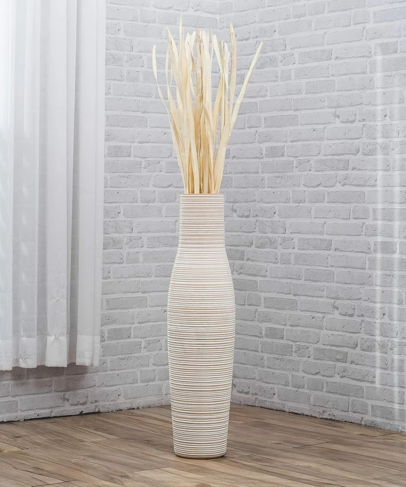 Leewadee Grosse Bodenvase für Dekozweige hohe Standvase Design Holzvase, Holz, 70 cm, White Wash 70