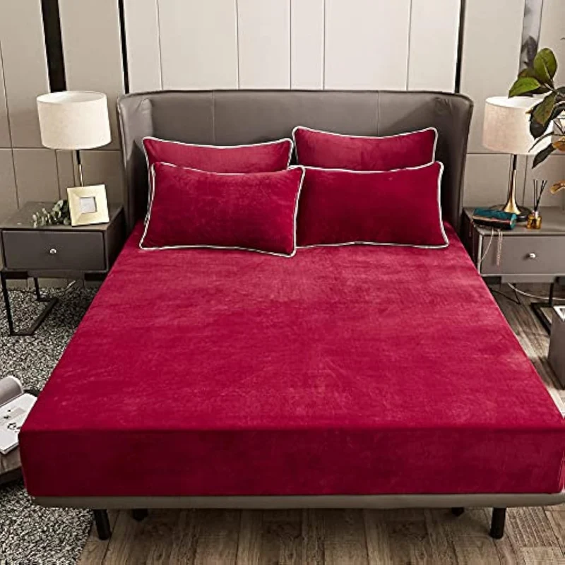 Damier Winter Spannbettlaken 200x200x30cm Rot Weinrot Plüsch Bettlaken Flauschige Cashmere Touch War