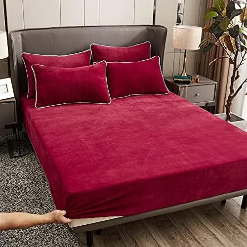 Damier Winter Spannbettlaken 200x200x30cm Rot Weinrot Plüsch Bettlaken Flauschige Cashmere Touch War