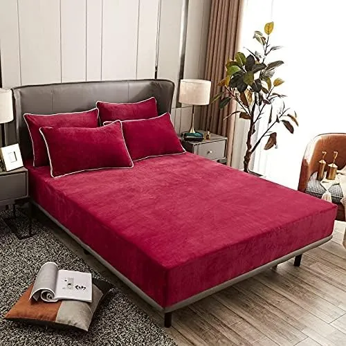 Damier Winter Spannbettlaken 200x200x30cm Rot Weinrot Plüsch Bettlaken Flauschige Cashmere Touch War