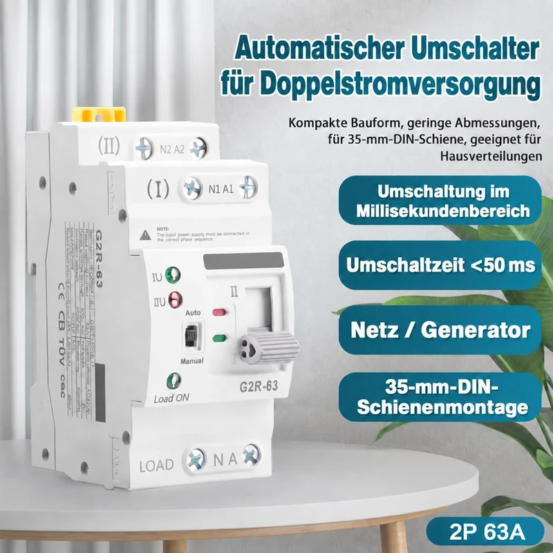 Automatischer Transferschalter, Haushalt G2R Din-Schiene 2P63A ATS Dual Power Automatischer Transfer