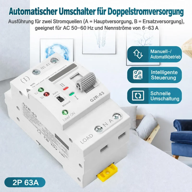 Automatischer Transferschalter, Haushalt G2R Din-Schiene 2P63A ATS Dual Power Automatischer Transfer