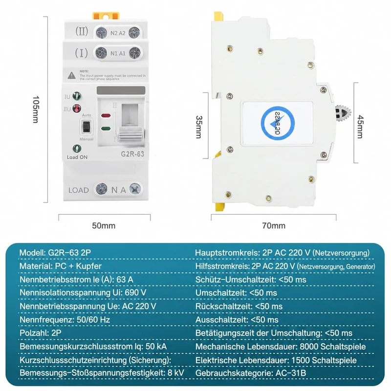 Automatischer Transferschalter, Haushalt G2R Din-Schiene 2P63A ATS Dual Power Automatischer Transfer