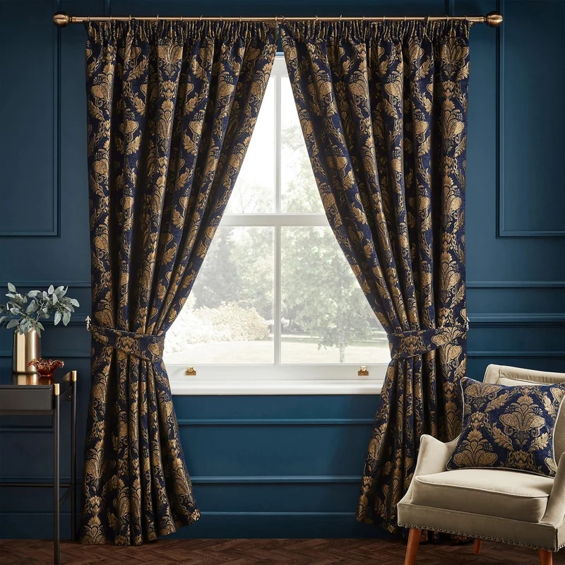 Paoletti Shiraz Traditionelle Jacquard-Bleistiftfaltenvorhänge Navy, Navy