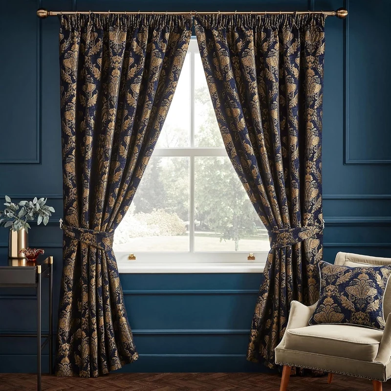 Paoletti Shiraz Traditionelle Jacquard-Bleistiftfaltenvorhänge Navy, Navy