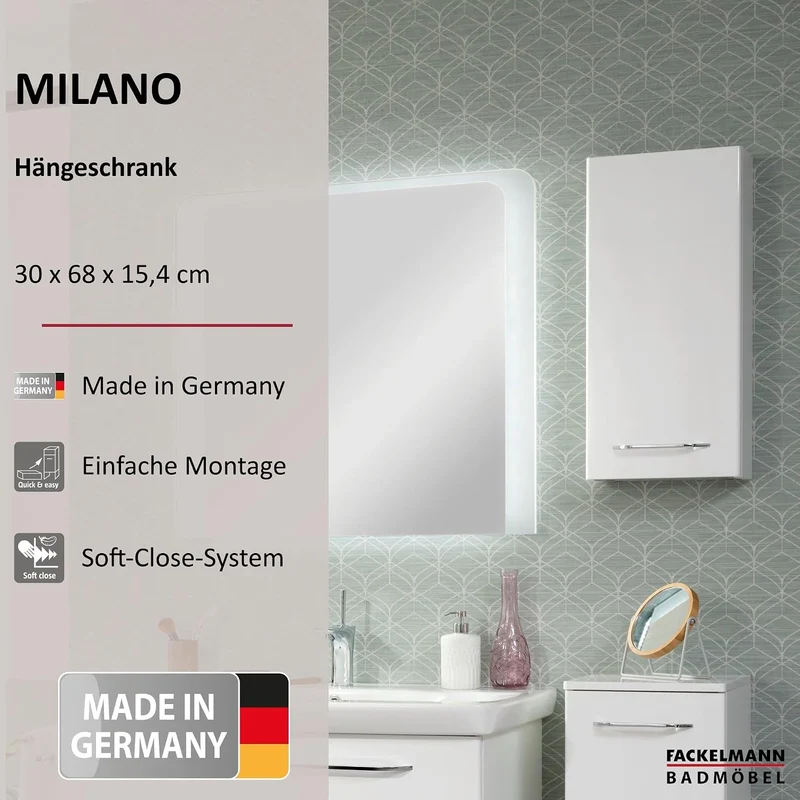 FACKELMANN Milano Hängeschrank mit Tür – Badezimmerschrank hängend mit 2 Einlegeböden fürs Badezimme